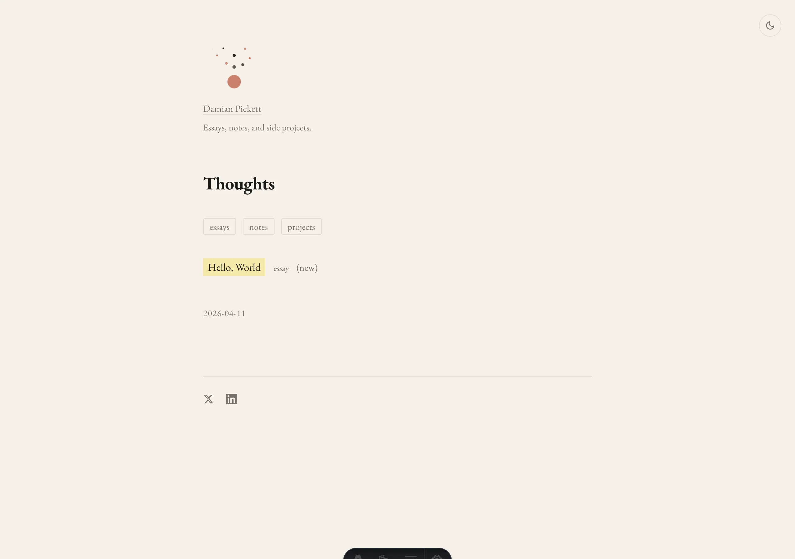 The homepage of this site — animated header, post list, filter buttons