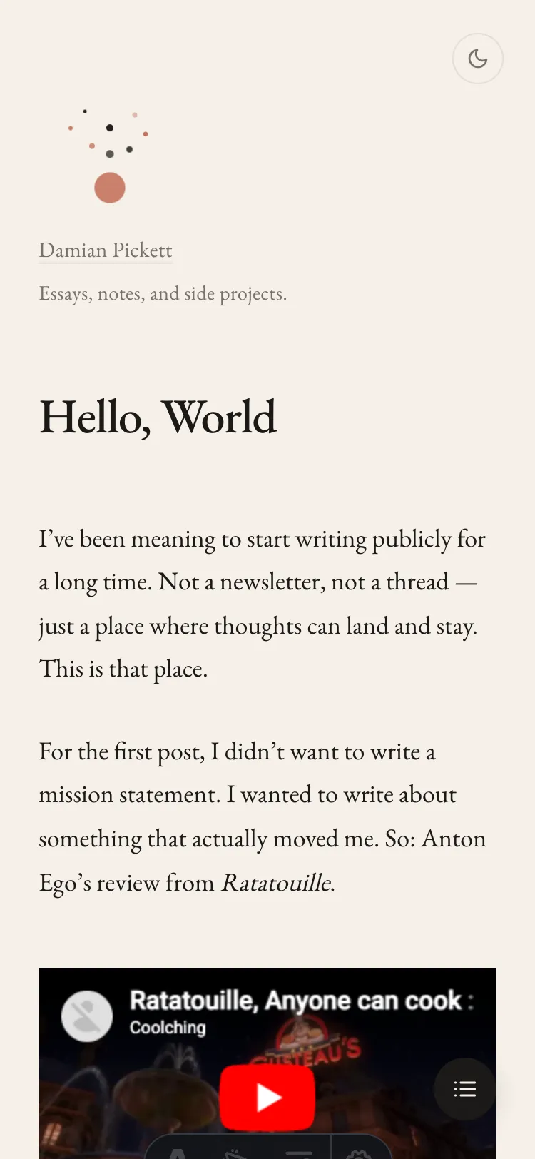The site on mobile — clean reading experience with a TOC toggle button